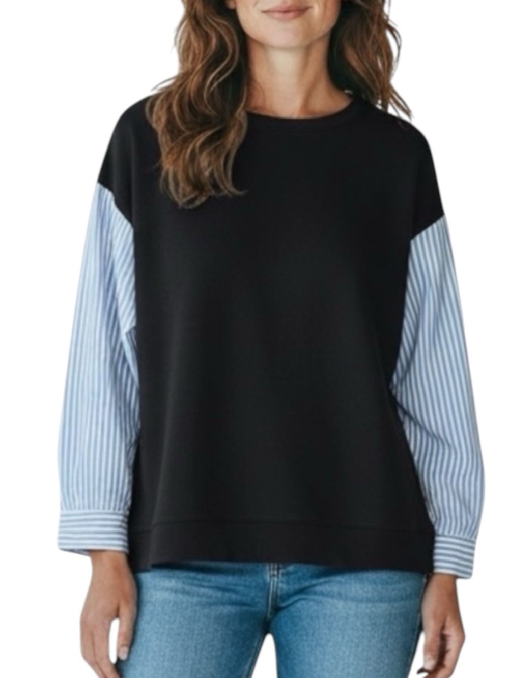 TALBOTS Pullover Sweatshirt with Striped Sleeves in Navy/White Size Petite Large